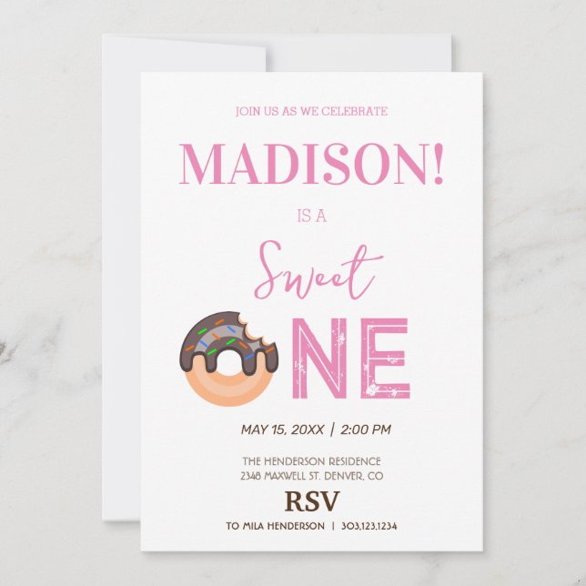 Sweet doughnuts, rainbow colours, sweet first birt invitation (Front)