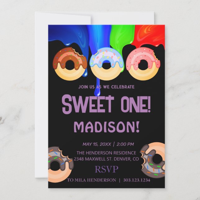 Sweet doughnuts, rainbow colours, sweet first birt invitation (Front)