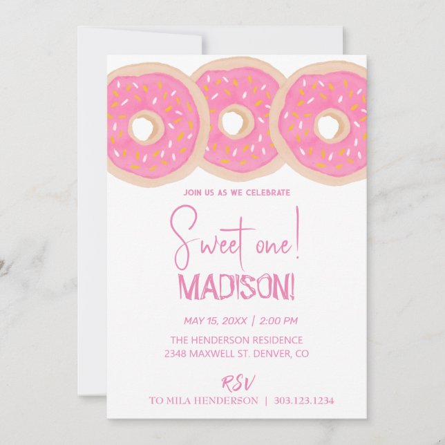Sweet doughnuts, rainbow colours, sweet first birt invitation (Front)