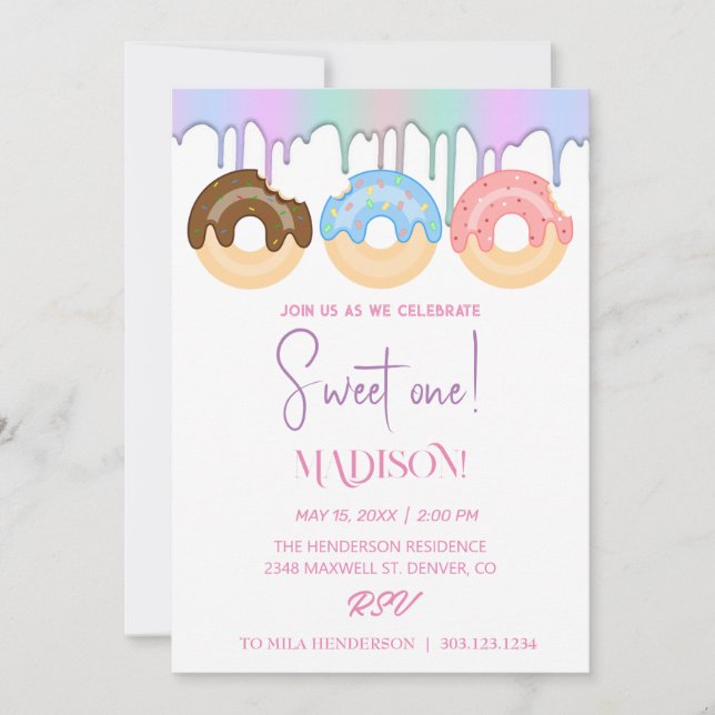 Sweet doughnuts, rainbow colours, sweet first birt invitation (Front)