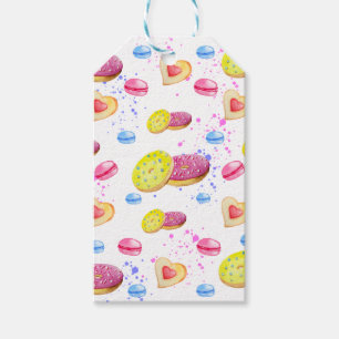 Sweet doughnuts with colourful glaze gift tags