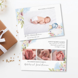 Sweet Dreams Baby Boy - Floral Watercolor Birth  Announcement