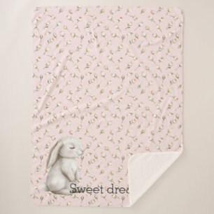 Sweet Dreams Bunny Rabbit Roses Pink Floral Sherpa Blanket