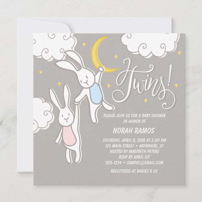 "Sweet Dreams Bunny" Twins Baby Shower Invitation (Front)