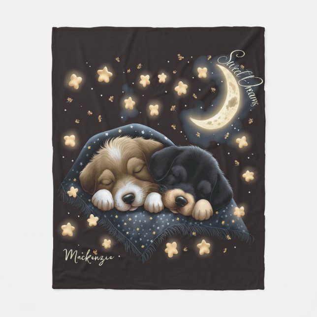 Sweet Dreams Cute Design Puppy Personalised Name Fleece Blanket (Front)