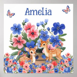 Sweet Dreams Floral Reindeer & Birds Child's Name Poster