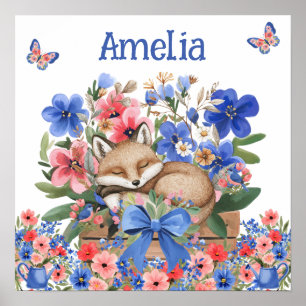 Sweet Dreams Floral Sleeping Fox & Child's Name  Poster