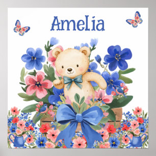 Sweet Dreams Floral Teddy Bear & Child's Name Poster