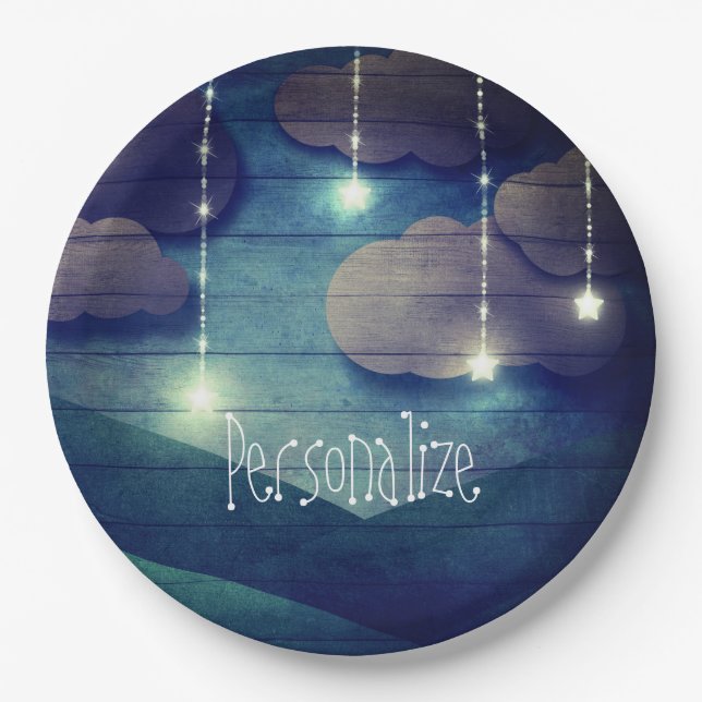 Sweet dreams Night sky hanging star rustic blue Paper Plate (Front)