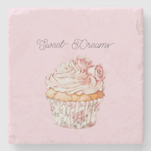 Sweet Dreams Pink Roses Floral Cupcake Stone Coaster