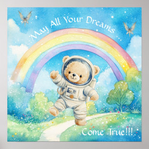 Sweet Dreams Rainbow Astronaut Teddy Bear Nursery Poster