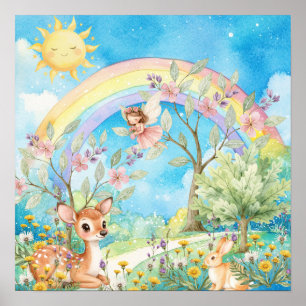 Sweet Dreams Rainbow Deer & Rabbit Nursery Poster