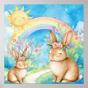 Sweet Dreams Rainbow Sleepy Rabbits Nursery  Poster