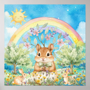 Sweet Dreams Rainbow Squirrel & Rabbits Nursery Poster