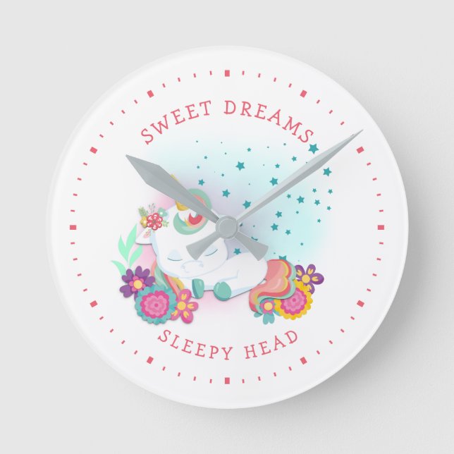 Sweet Dreams Sleepy Head Unicorn Pink White Minute Round Clock (Front)