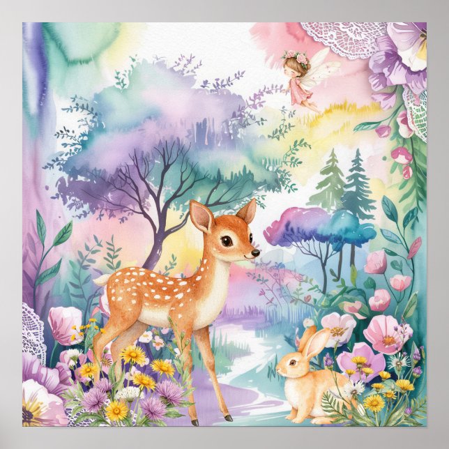 Sweet Dreams Woodland Deer & Rabbits Nursery  Poster (Front)