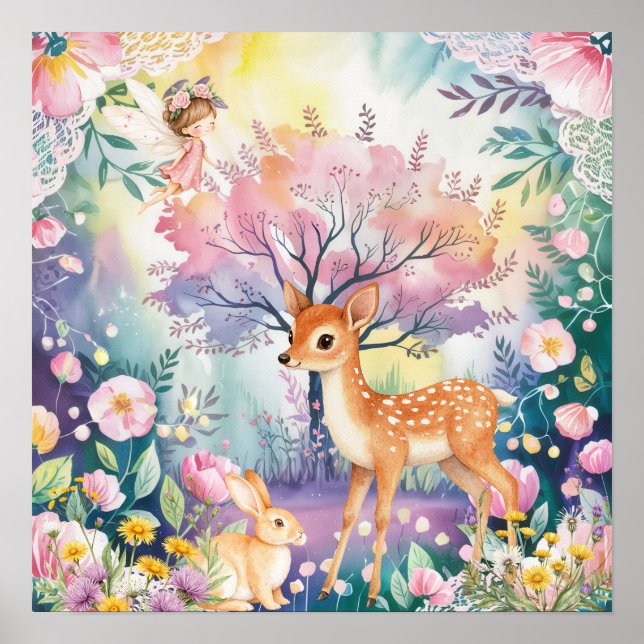Sweet Dreams Woodland Deer & Rabbits Nursery  Poster (Front)