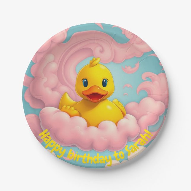 Sweet Duckling on Pink Clouds Birthday Plate (Front)