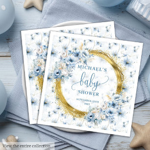 Sweet dusty blue flowers gold boy baby shower  napkin