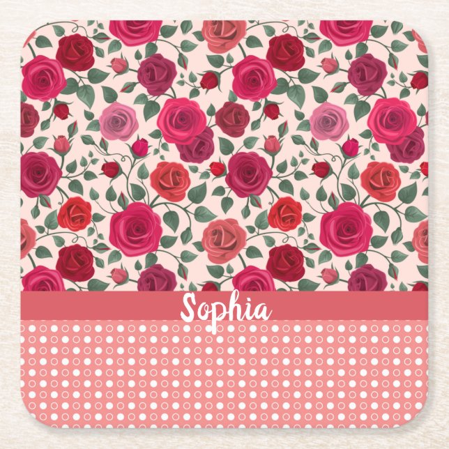 Sweet Dusty Pink Roses  Personalised  Square Paper Coaster (Front)