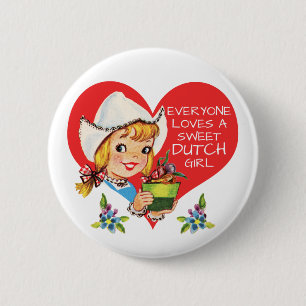 Sweet Dutch Girl Vintage Tulips Meisje & Heart 6 Cm Round Badge