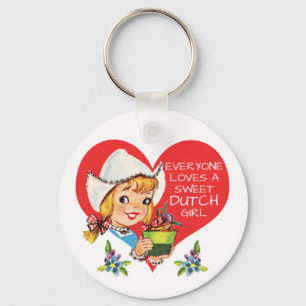 Sweet Dutch Girl Vintage Tulips Meisje & Heart Key Ring