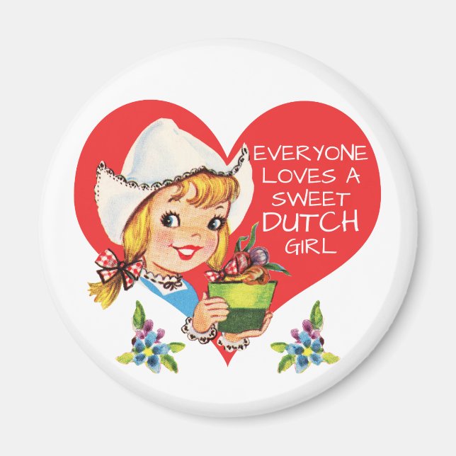 Sweet Dutch Girl Vintage Tulips Meisje & Heart Magnet (Front)