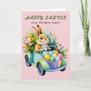Sweet Easter Bunny Driving Eggs Greeting Card