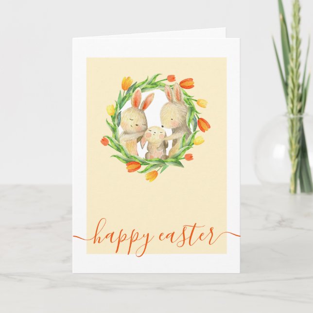 Sweet Easter Bunny Family And Flower Wreath Holiday Card (Front)