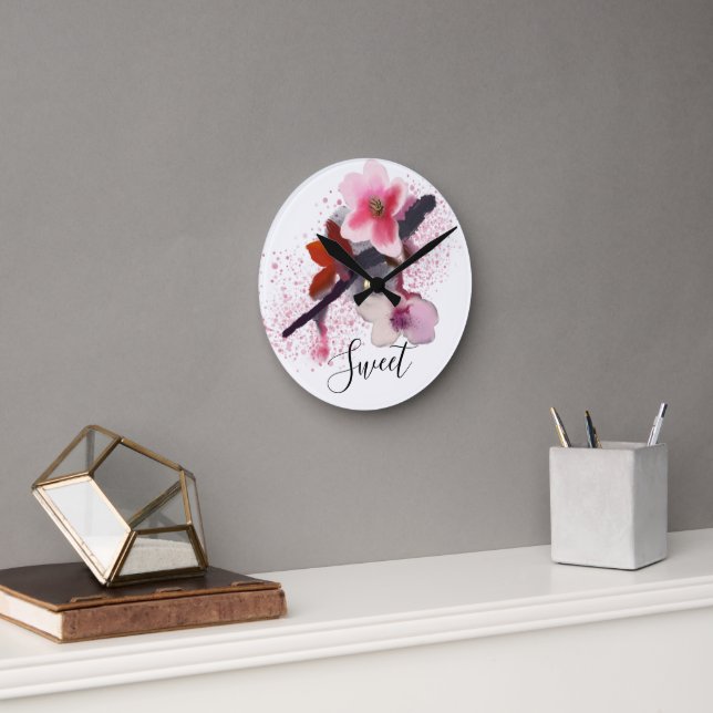 "SWEET" | Elegant Chic Pink Cherry Blossom Round Clock (Office)
