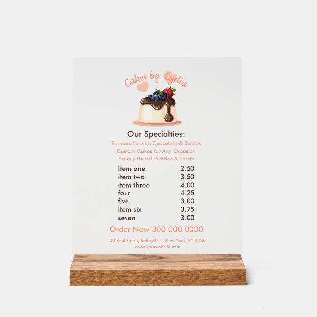 Sweet & Elegant Custom Dessert Menu Acrylic Sign (Front)