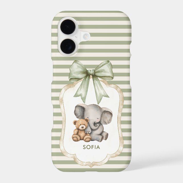 Sweet Elephant and Teddy Bear Striped Green Bow (Back)