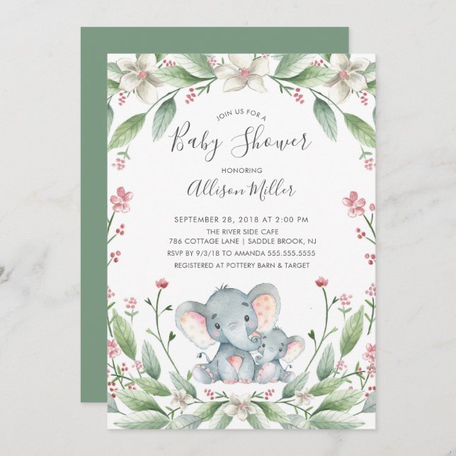 Sweet Elephant Baby Shower Invitation (Front/Back)