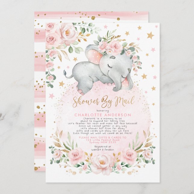 Sweet Elephant Blush Gold Baby Shower By Mail Invitation (Front/Back)