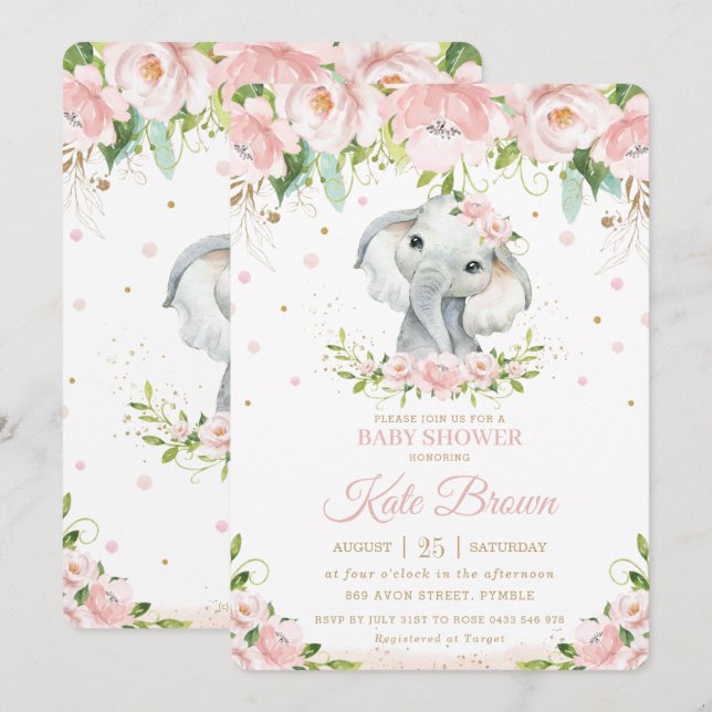 Sweet Elephant Blush Pink Floral Gold Baby Shower Invitation (Front/Back)