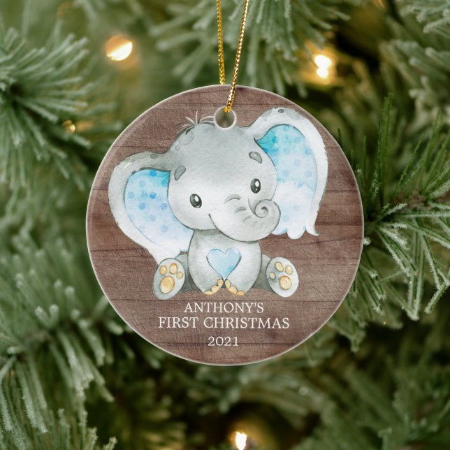 Sweet Elephant Boy Baby's First Christmas Ornament (Tree)