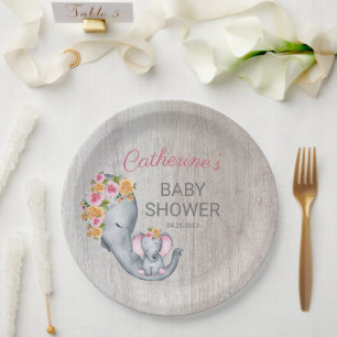 Sweet Elephant Floral Girl Rustic Baby Shower  Paper Plate