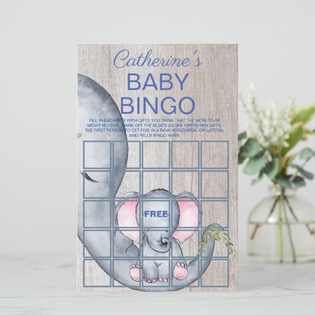 Sweet Elephant Floral Rustic Baby Shower Bingo (Standing Front)
