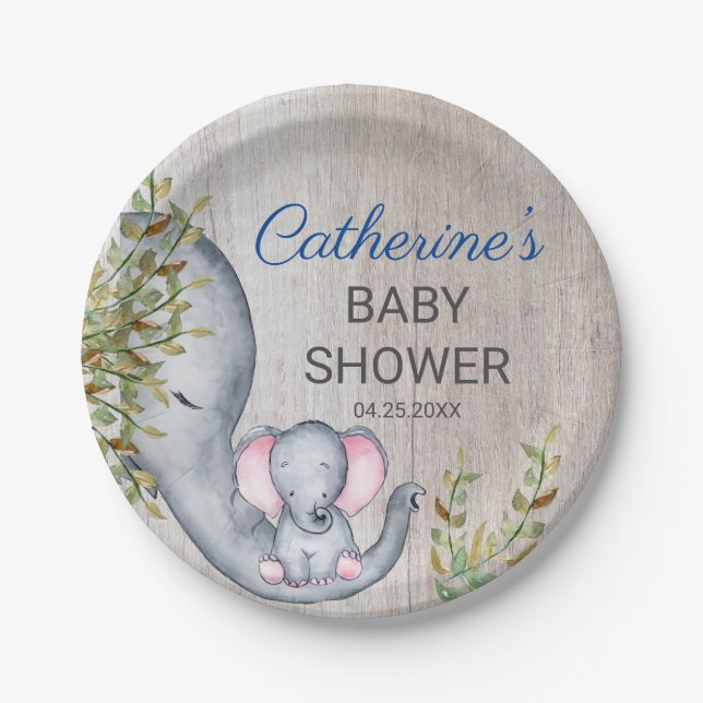 Sweet Elephant Floral Rustic Baby Shower    Paper Plate (Front)