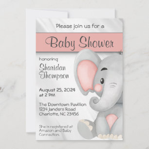 Sweet Elephant Grey and Pink Baby Shower Invitation
