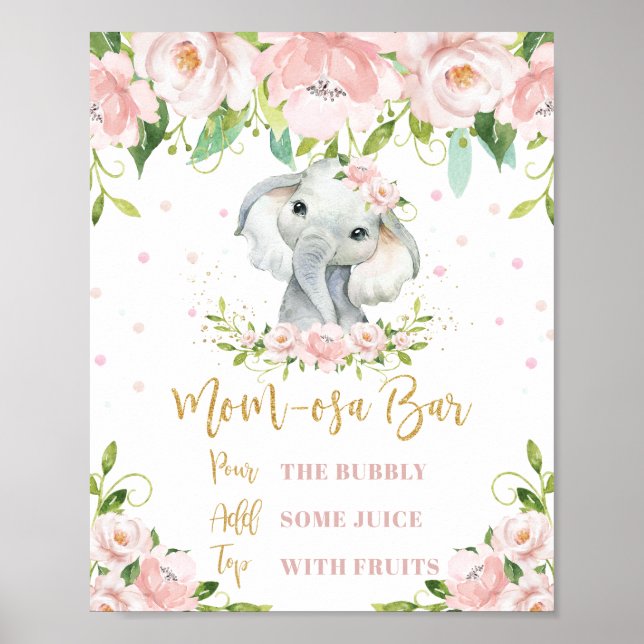 Sweet Elephant Pink Floral Gold Mum-osa Bar Mimosa Poster (Front)