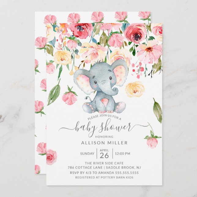 Sweet Elephant Pink Peonies Baby Shower Invitation (Front/Back)