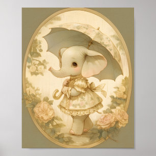 Sweet Elephant with Pink Umbrella Nursery Wall Art