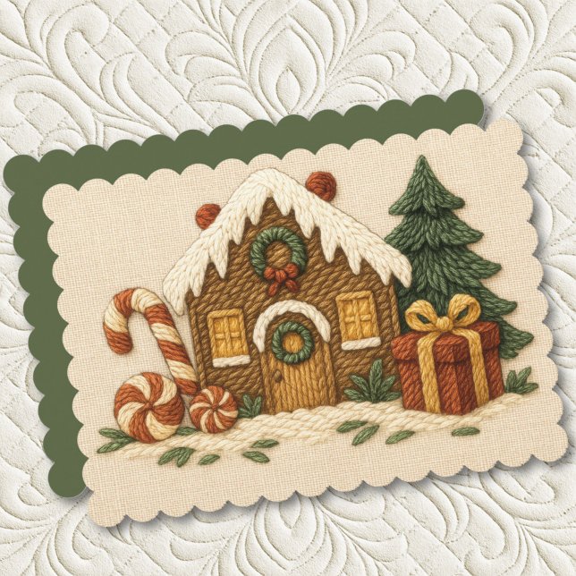 Sweet Embroidered Gingerbread House Design Holiday Card (Creator Uploaded)
