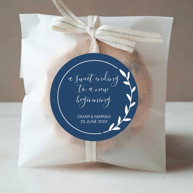 Sweet Ending New Beginning Navy Blue Wedding Favou Classic Round Sticker (Creator Uploaded)