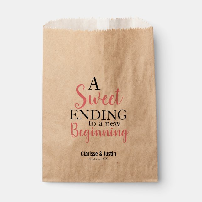Sweet Ending New Beginning Pink Script Wedding Favour Bags (Front)