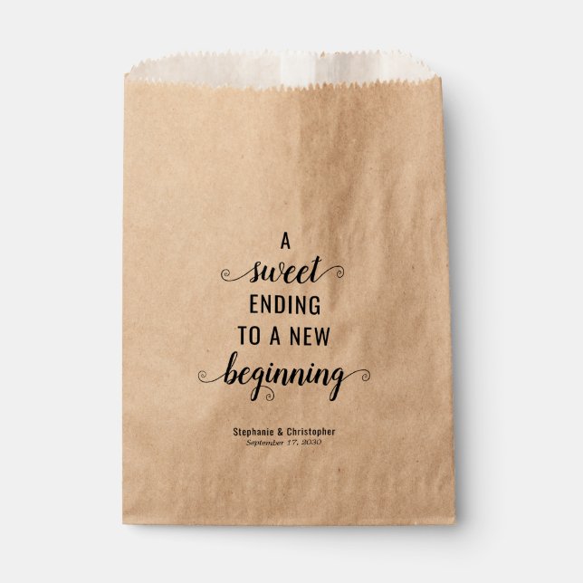 Sweet Ending New Beginning Rustic Script Wedding Favour Bags (Front)