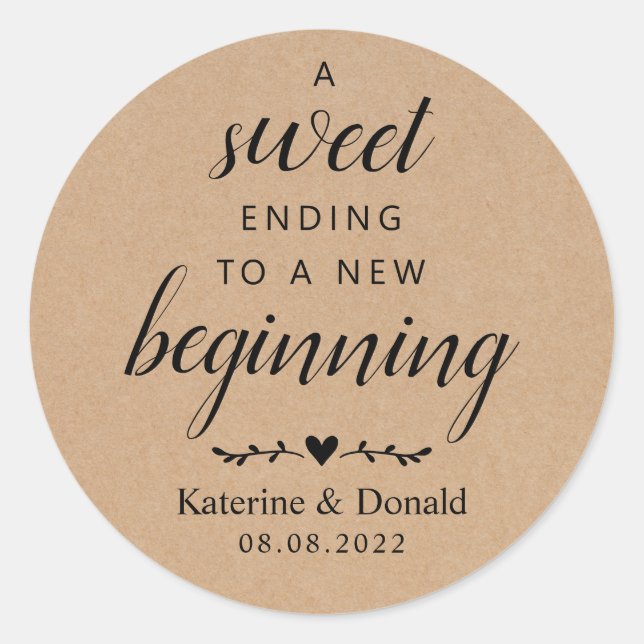 Sweet Ending To A New Beginning Rustic Wedding  Classic Round Sticker (Front)