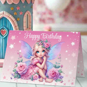 Sweet Fairy Child with Pink Roses Happy Birthday Card