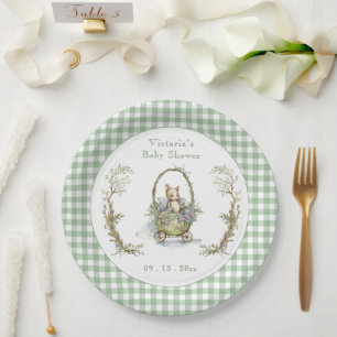 Sweet Fairytale Animal Green Gingham Baby Shower Paper Plate